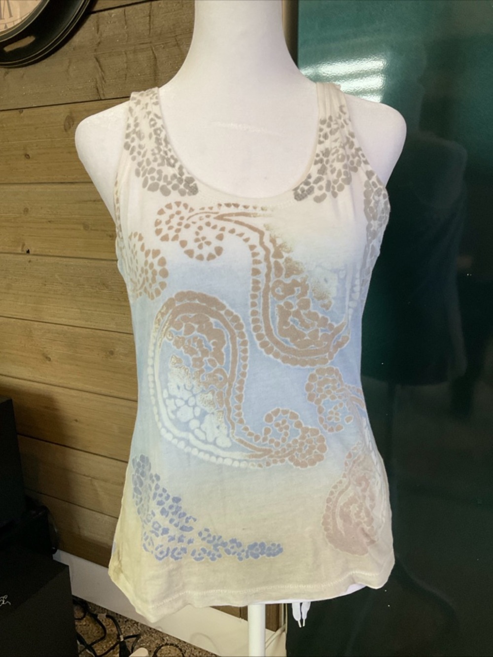 Boston Proper Cream Paisley Racerback Tank with Subtle Pastel Accents